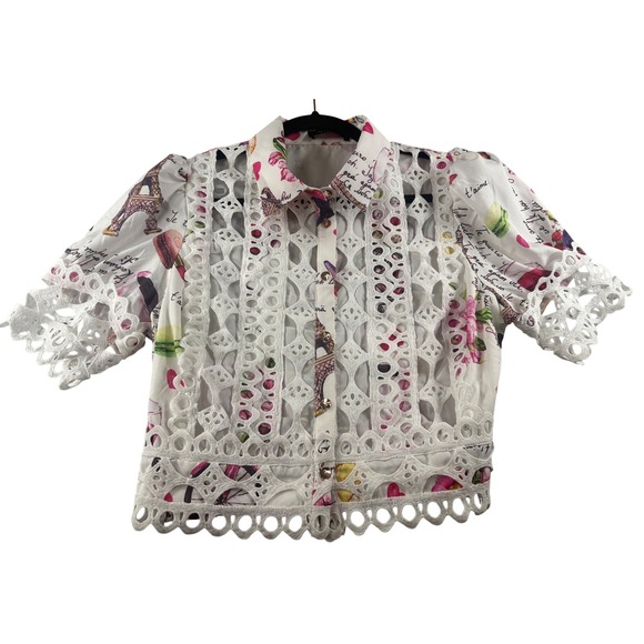 Jennifer's Collection Tops - Jennifer's CollectionParis Eiffel Tower Eyelet Lace Button Up Blouse Small White